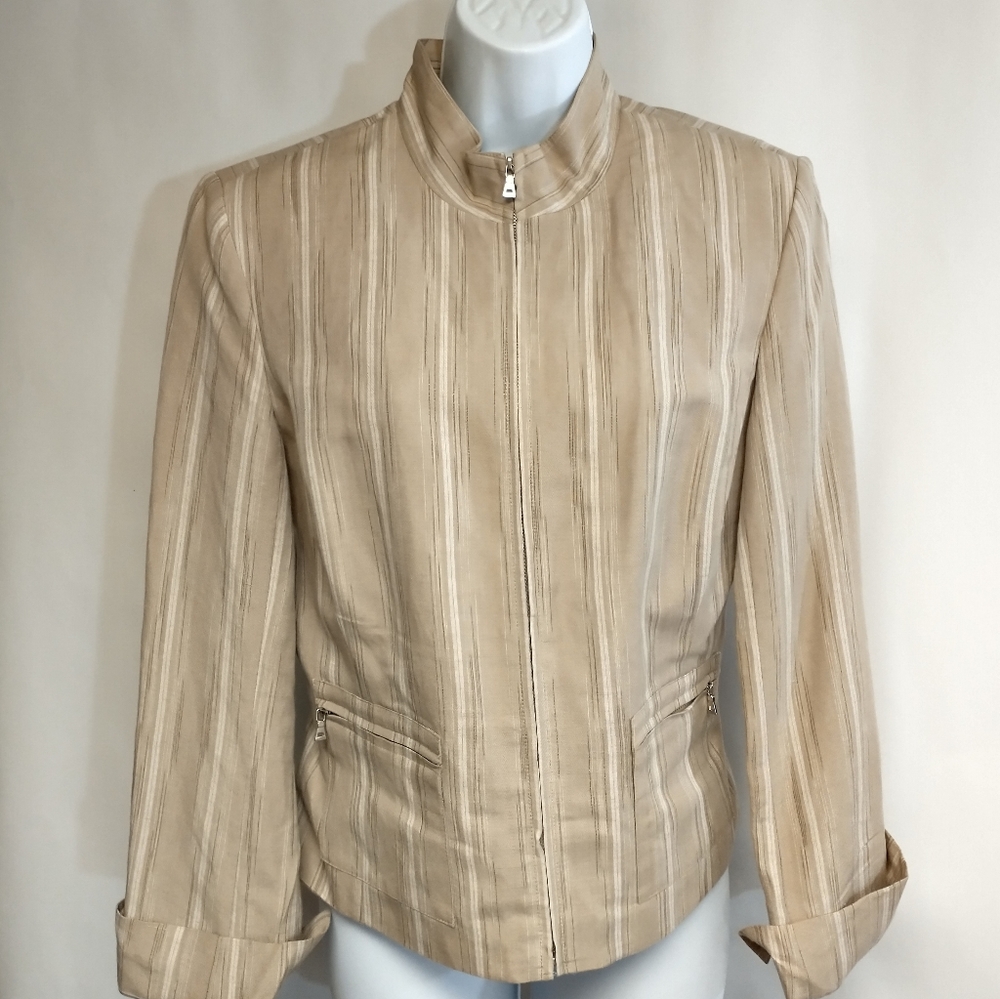 Evan Picone Linen Blend Beige/White Striped Zip-up Jacket EUC Size 10